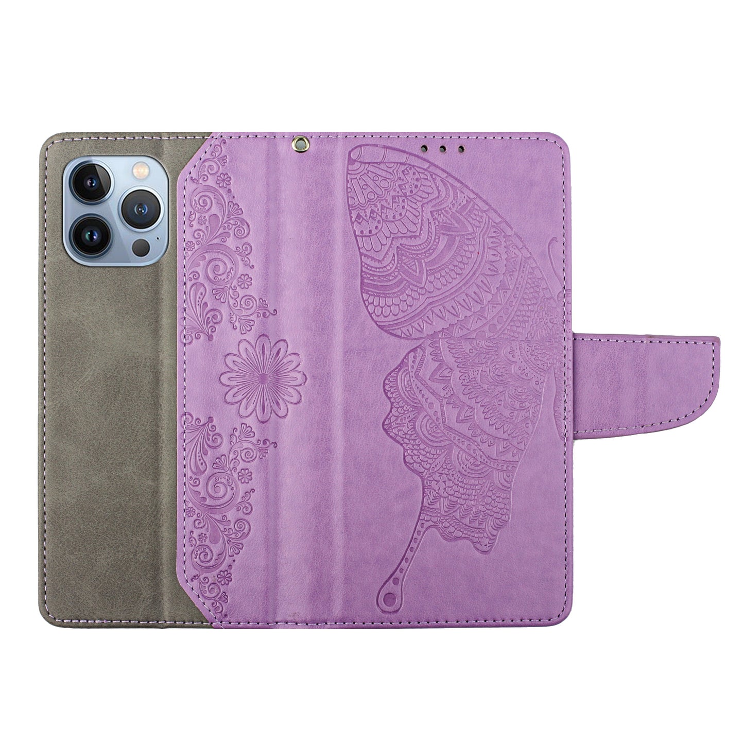 PU Leather Imprinting Butterfly Flower Case for iPhone 13 Pro 6.1 inch, Wallet Cover Foldable Stand Shell