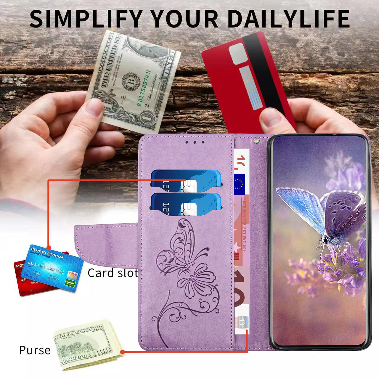 PU Leather Imprinting Butterfly Flower Case for iPhone 13 Pro 6.1 inch, Wallet Cover Foldable Stand Shell