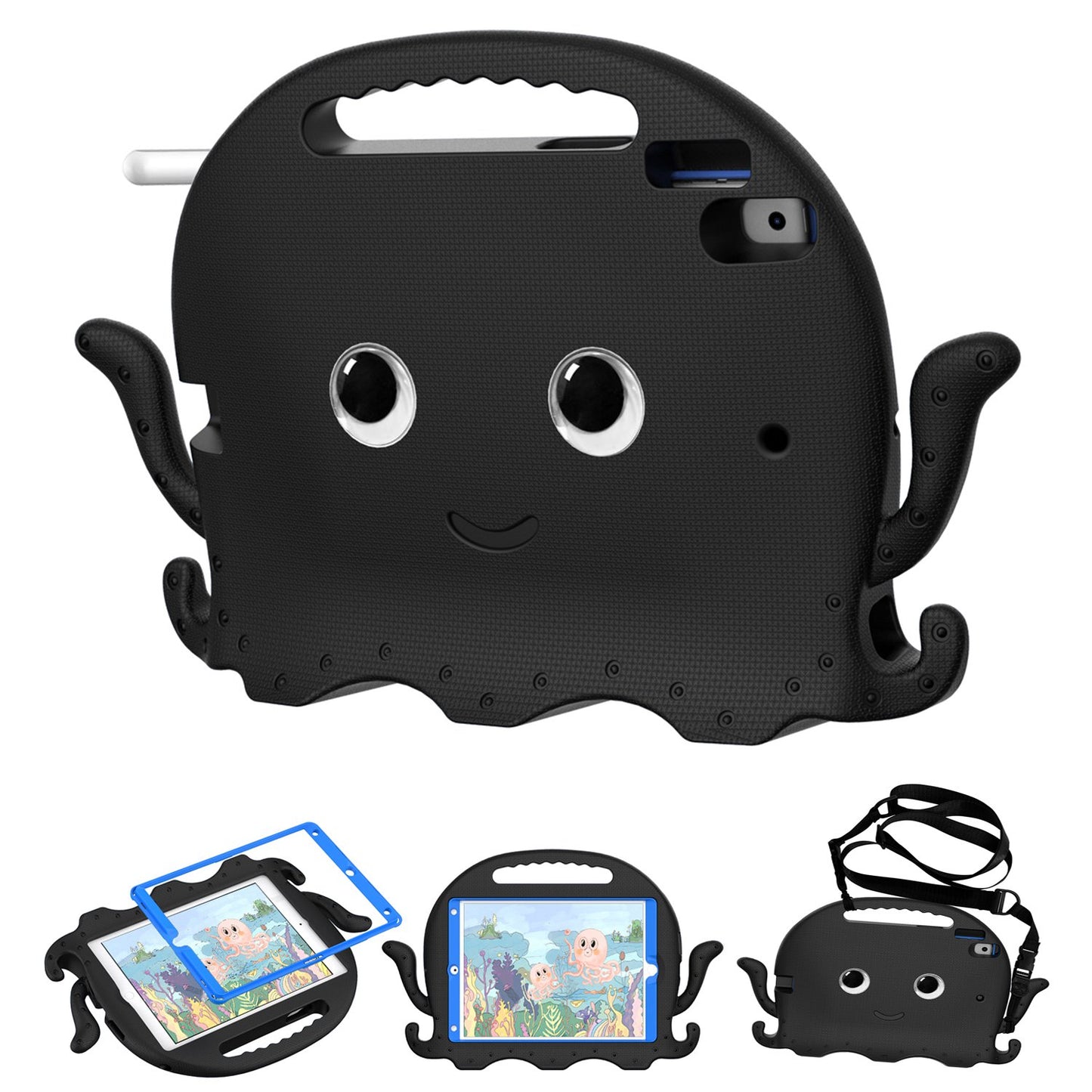 For iPad Pro 10.5-inch (2017)/iPad Air 10.5 inch (2019)/iPad 10.2 (2020)/(2019)/(2021) Cute Octopus Pen Slot Design EVA Case Impact-resistant Tablet Cover with Handle and Shoulder Strap