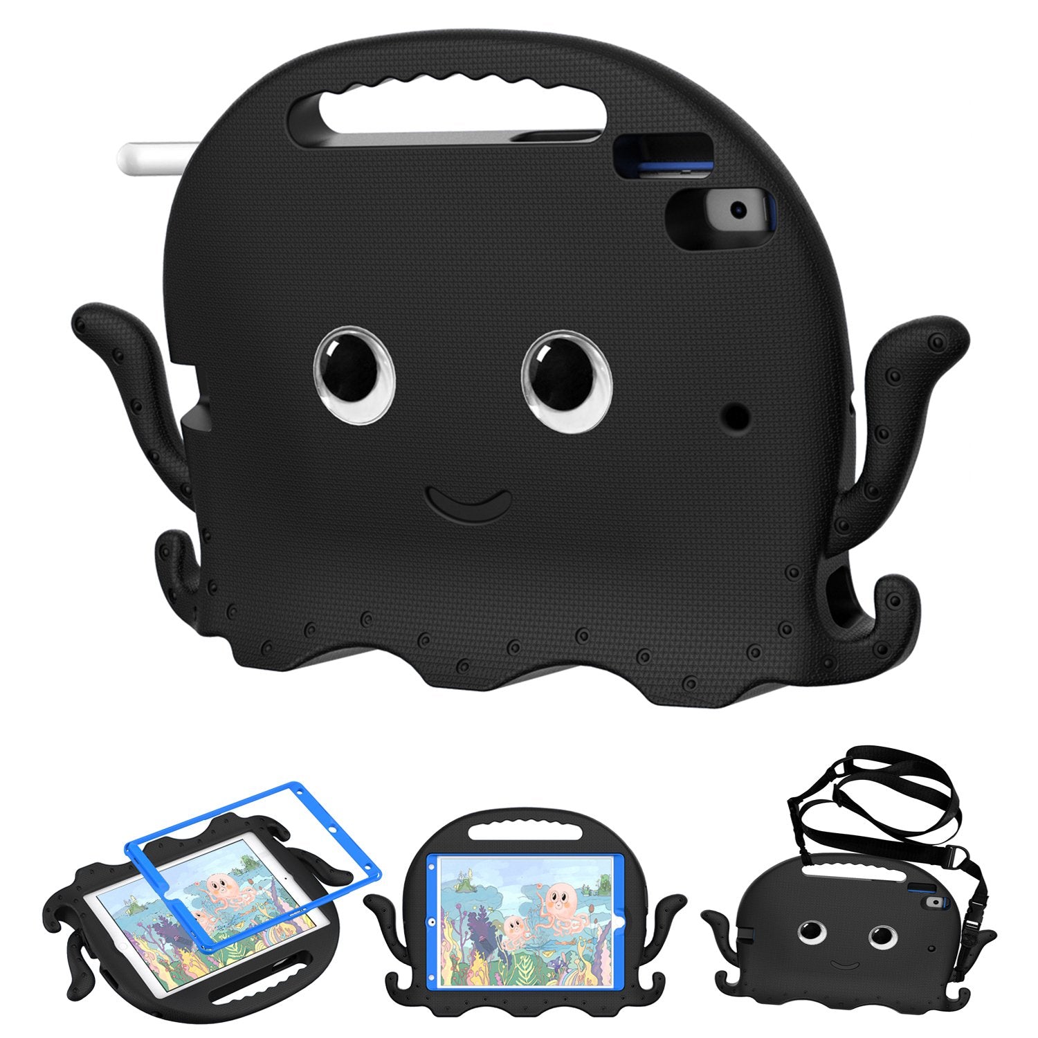 For iPad Pro 10.5-inch (2017)/iPad Air 10.5 inch (2019)/iPad 10.2 (2020)/(2019)/(2021) Cute Octopus Pen Slot Design EVA Case Impact-resistant Tablet Cover with Handle and Shoulder Strap
