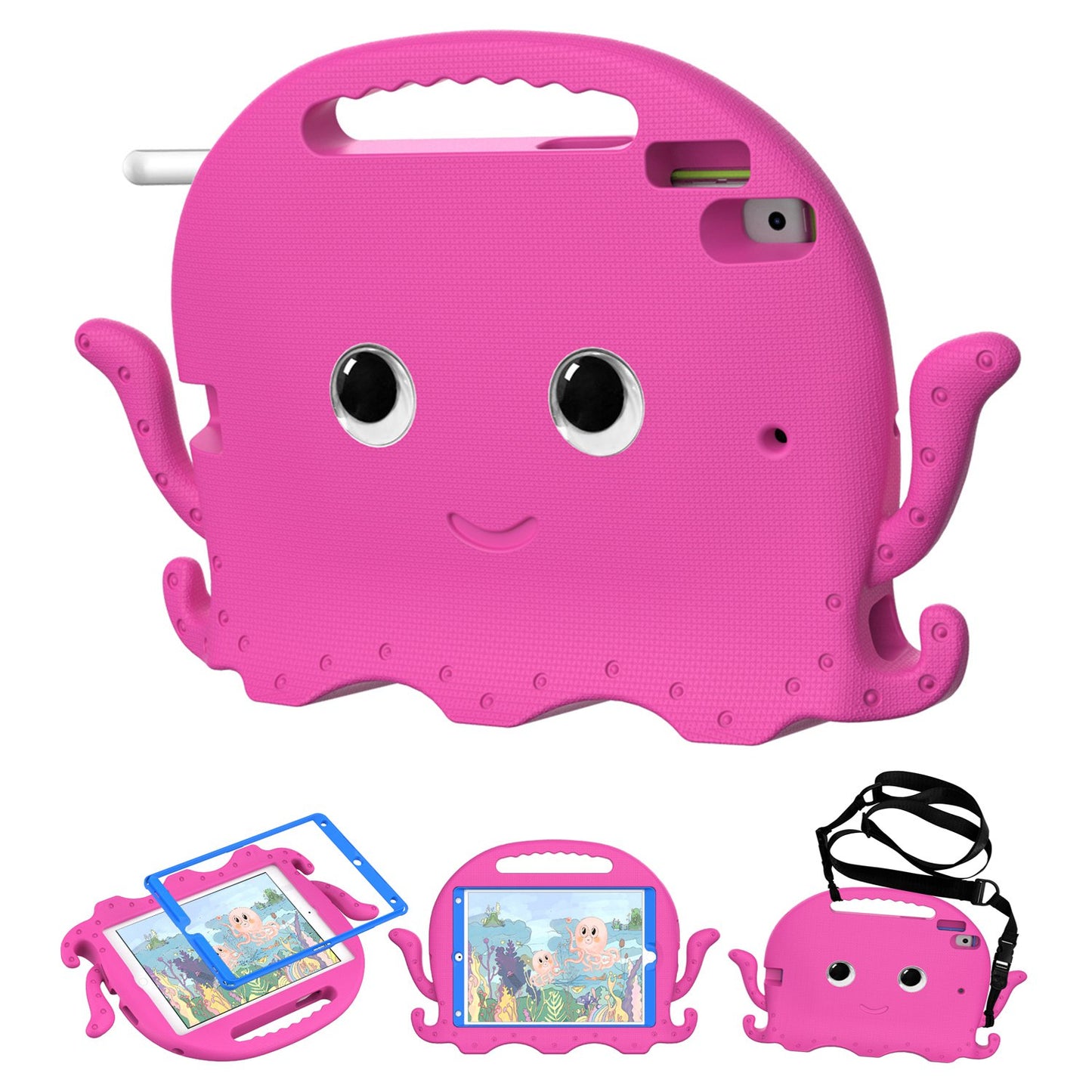 For iPad Pro 10.5-inch (2017)/iPad Air 10.5 inch (2019)/iPad 10.2 (2020)/(2019)/(2021) Cute Octopus Pen Slot Design EVA Case Impact-resistant Tablet Cover with Handle and Shoulder Strap