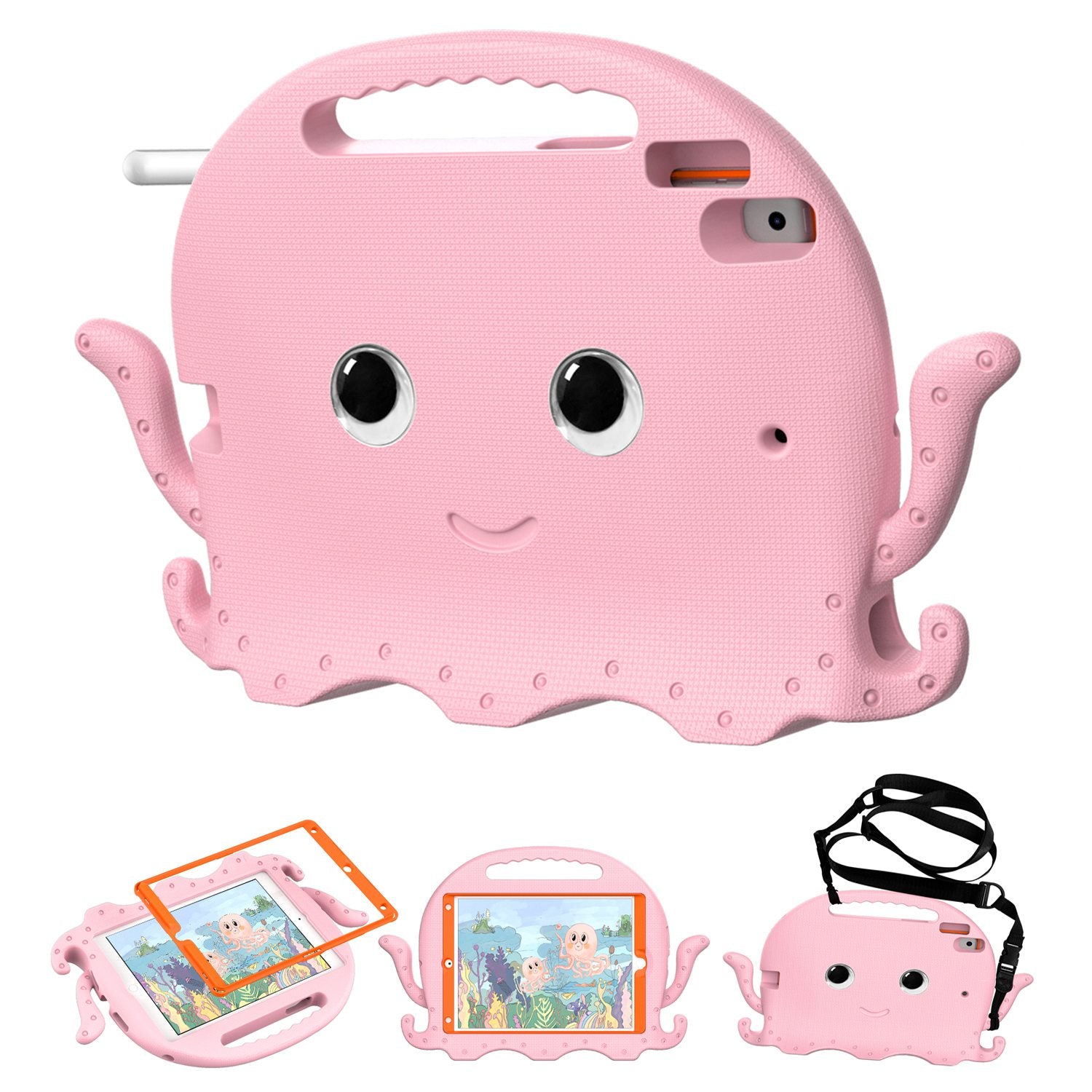 For iPad Pro 10.5-inch (2017)/iPad Air 10.5 inch (2019)/iPad 10.2 (2020)/(2019)/(2021) Cute Octopus Pen Slot Design EVA Case Impact-resistant Tablet Cover with Handle and Shoulder Strap