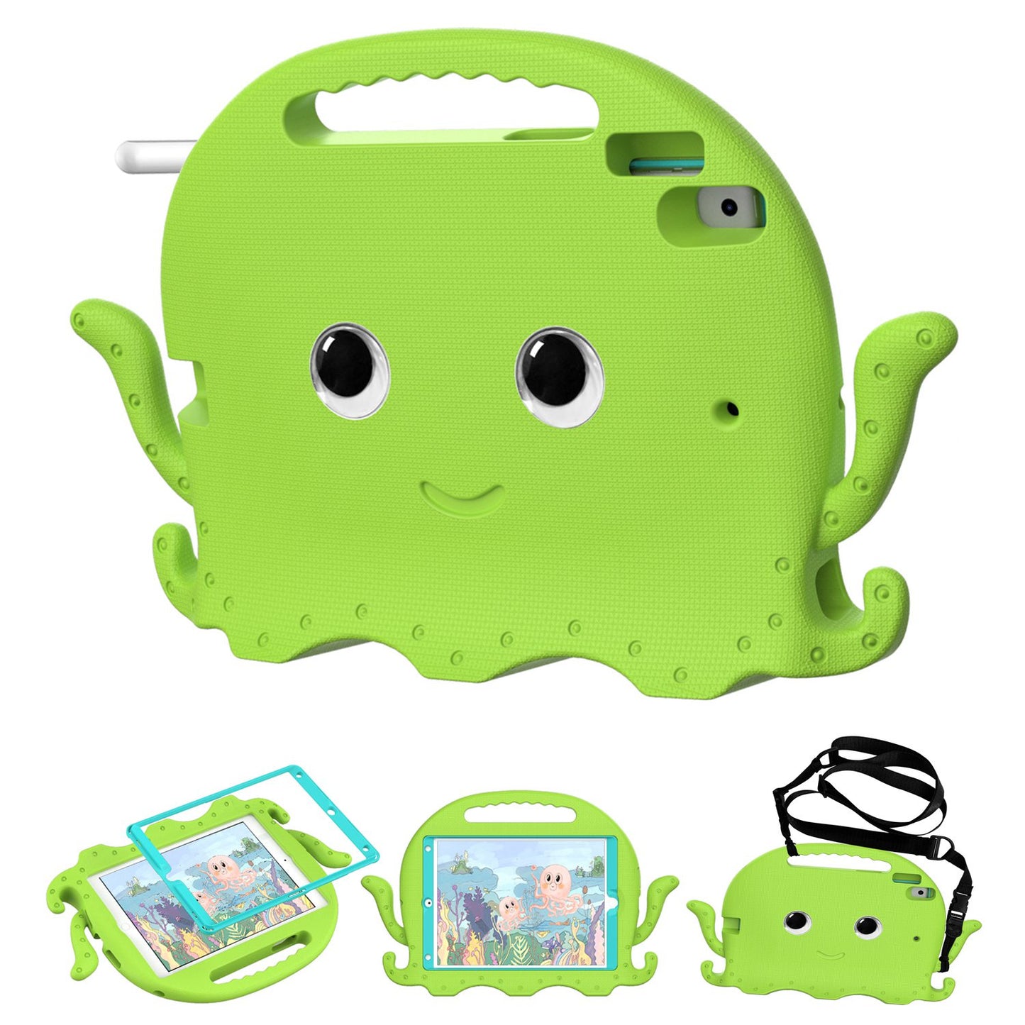 For iPad Pro 10.5-inch (2017)/iPad Air 10.5 inch (2019)/iPad 10.2 (2020)/(2019)/(2021) Cute Octopus Pen Slot Design EVA Case Impact-resistant Tablet Cover with Handle and Shoulder Strap