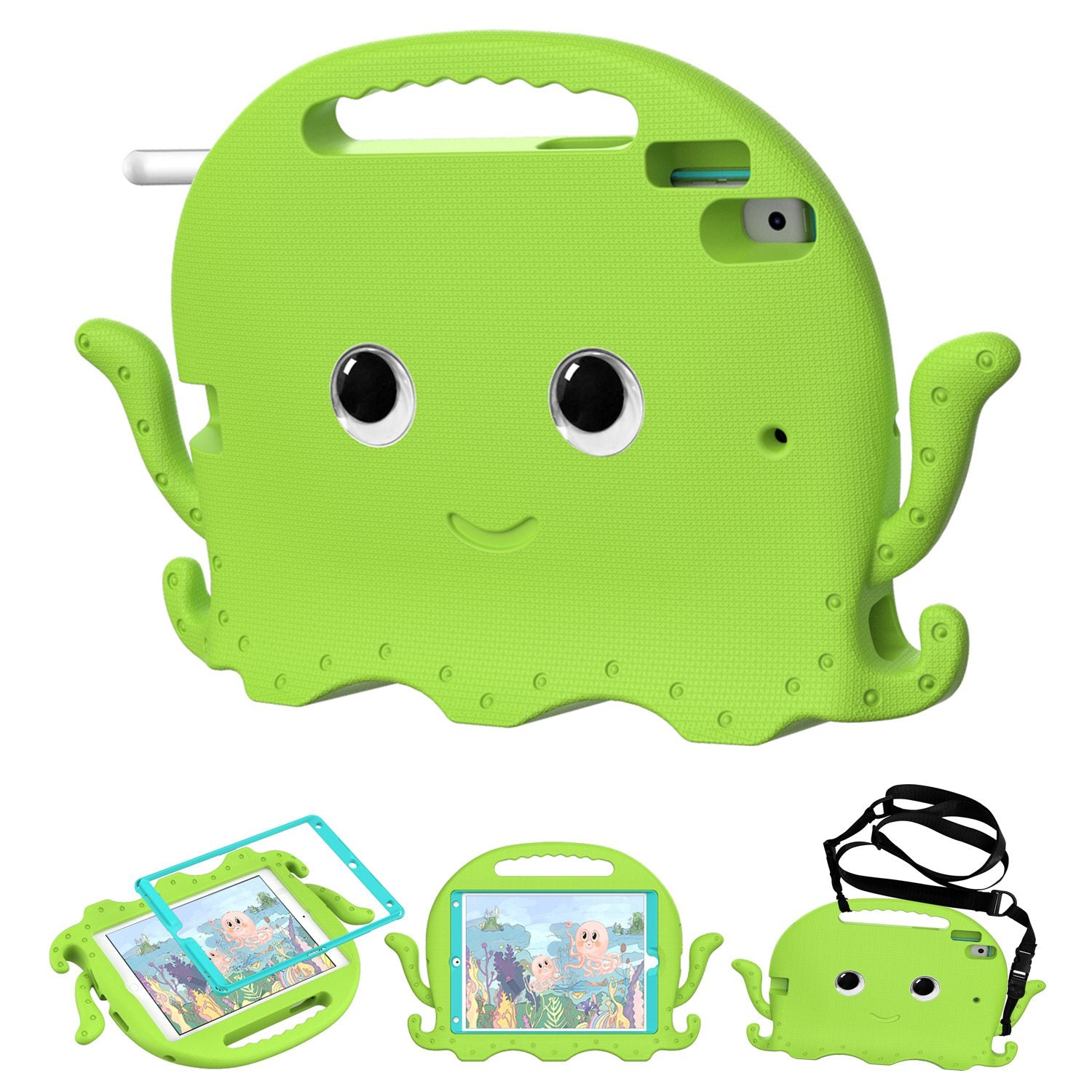 For iPad Pro 10.5-inch (2017)/iPad Air 10.5 inch (2019)/iPad 10.2 (2020)/(2019)/(2021) Cute Octopus Pen Slot Design EVA Case Impact-resistant Tablet Cover with Handle and Shoulder Strap