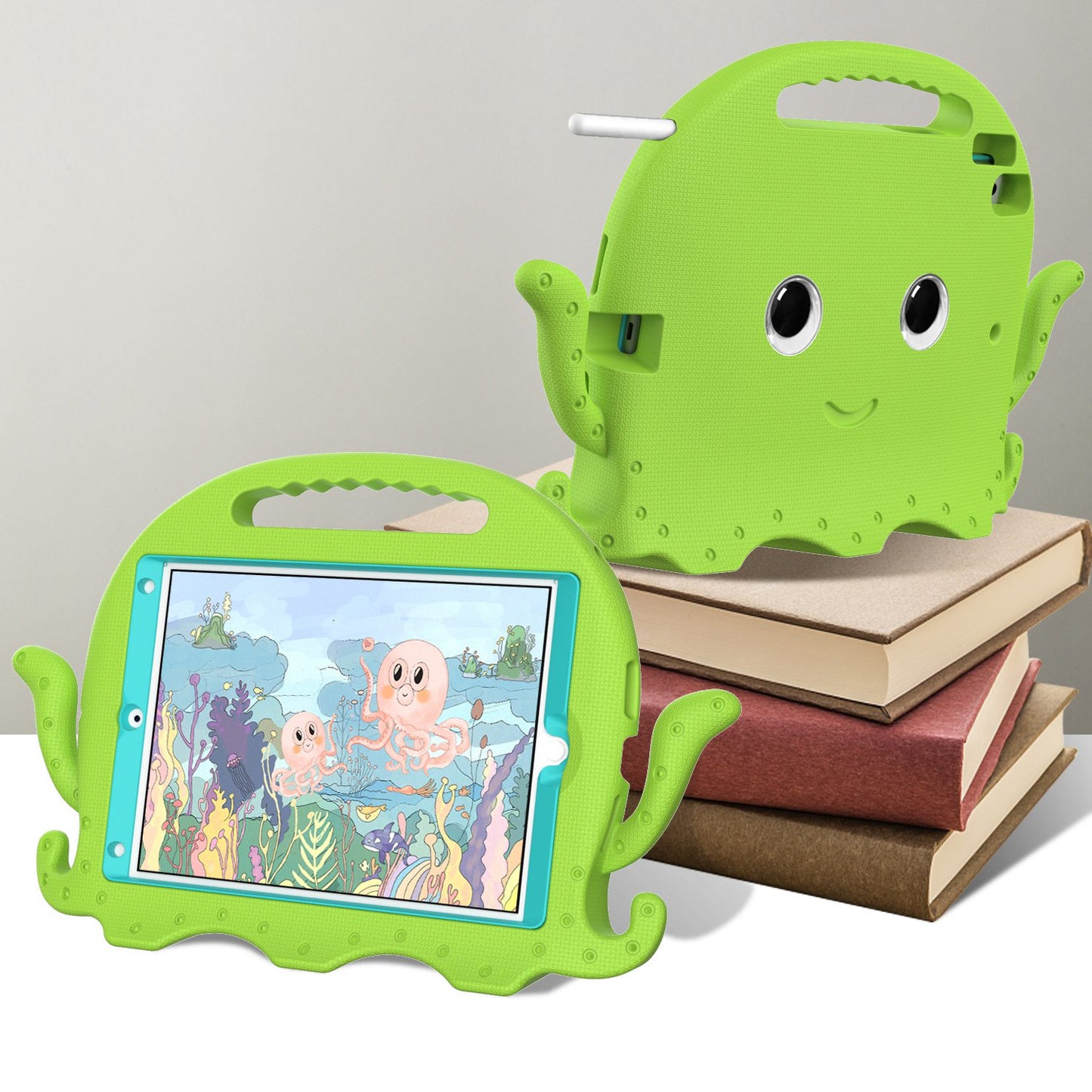 For iPad Pro 10.5-inch (2017)/iPad Air 10.5 inch (2019)/iPad 10.2 (2020)/(2019)/(2021) Cute Octopus Pen Slot Design EVA Case Impact-resistant Tablet Cover with Handle and Shoulder Strap