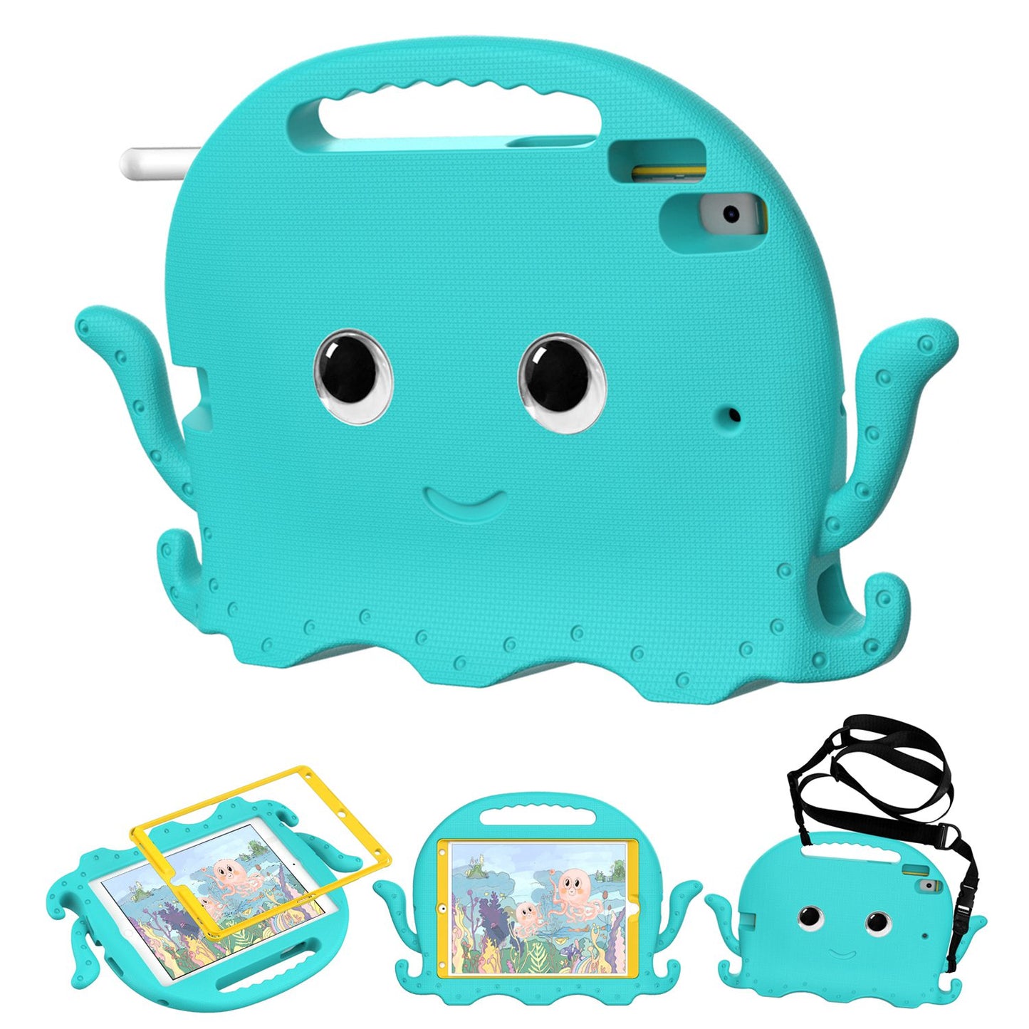 For iPad Pro 10.5-inch (2017)/iPad Air 10.5 inch (2019)/iPad 10.2 (2020)/(2019)/(2021) Cute Octopus Pen Slot Design EVA Case Impact-resistant Tablet Cover with Handle and Shoulder Strap