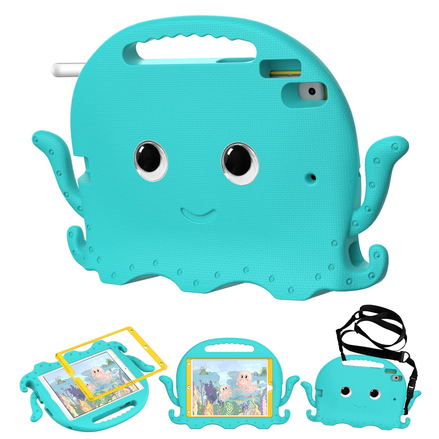 For iPad Pro 10.5-inch (2017)/iPad Air 10.5 inch (2019)/iPad 10.2 (2020)/(2019)/(2021) Cute Octopus Pen Slot Design EVA Case Impact-resistant Tablet Cover with Handle and Shoulder Strap
