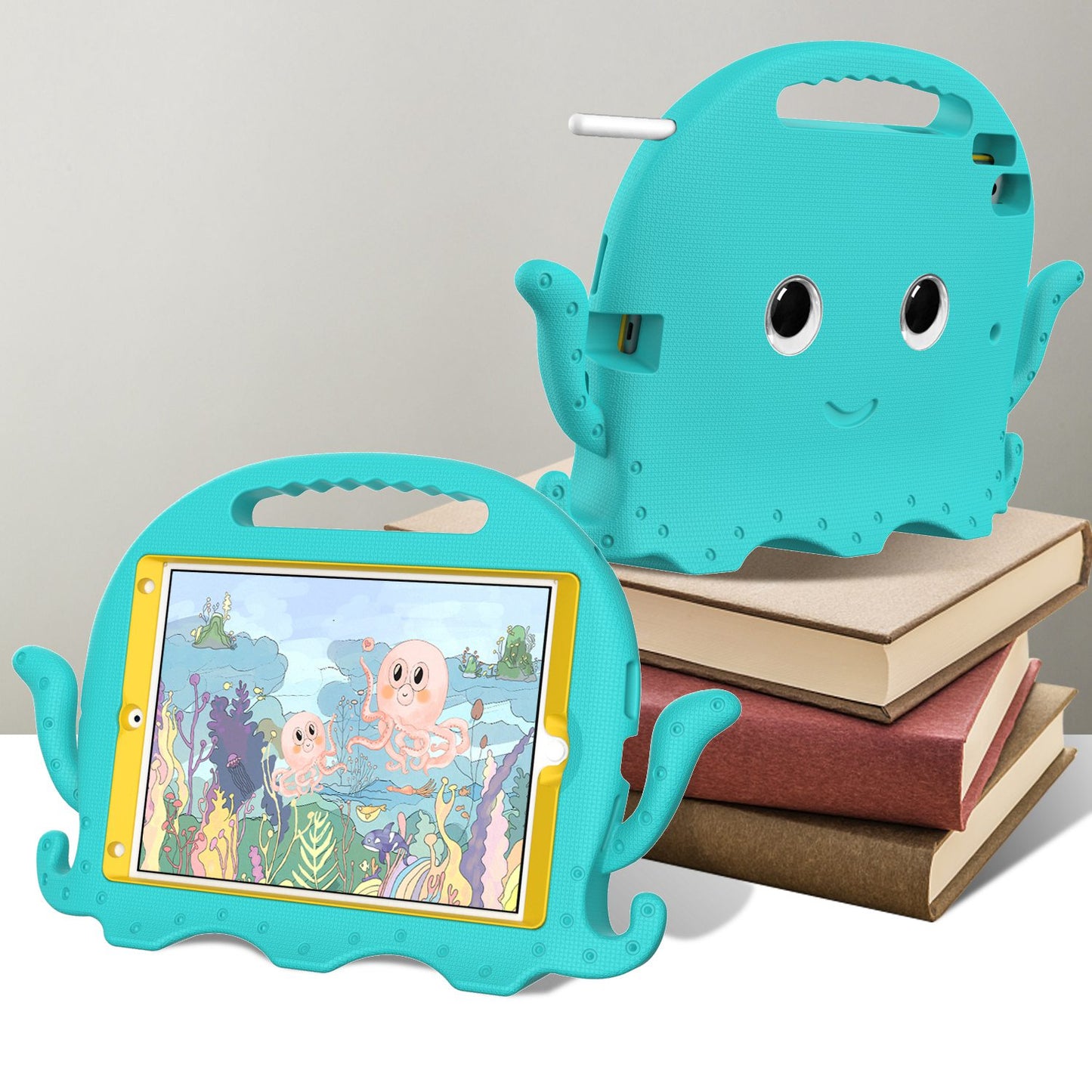 For iPad Pro 10.5-inch (2017)/iPad Air 10.5 inch (2019)/iPad 10.2 (2020)/(2019)/(2021) Cute Octopus Pen Slot Design EVA Case Impact-resistant Tablet Cover with Handle and Shoulder Strap