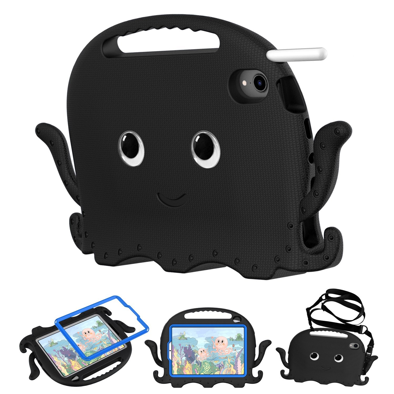 For iPad mini (2021) Cute Octopus Shape EVA Case Pen Slot Design Shockproof Tablet Cover with Handle and Shoulder Strap