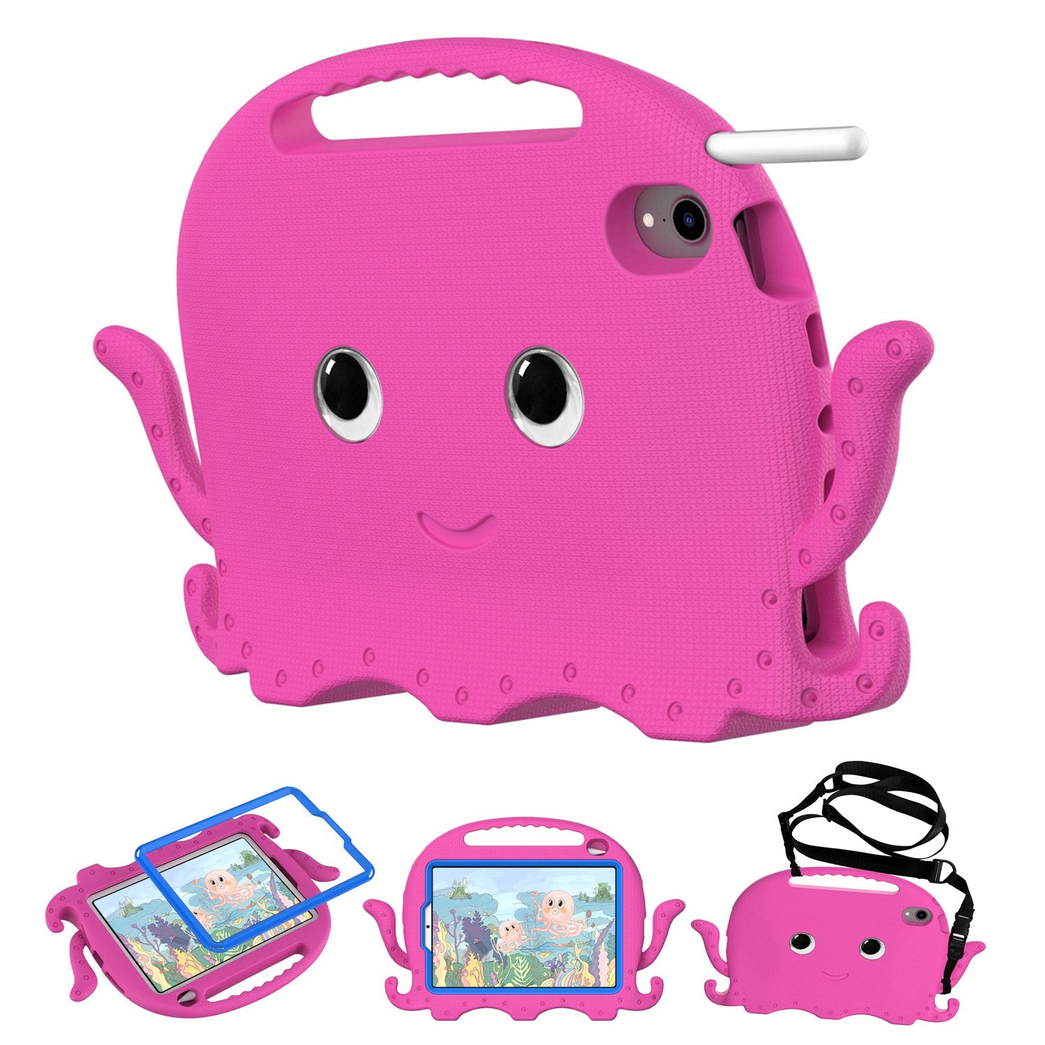 For iPad mini (2021) Cute Octopus Shape EVA Case Pen Slot Design Shockproof Tablet Cover with Handle and Shoulder Strap