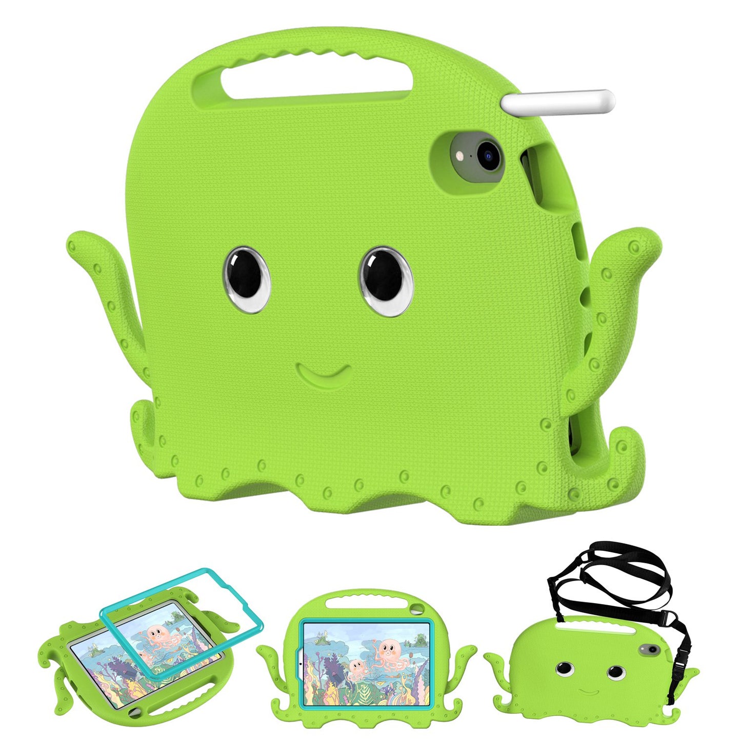 For iPad mini (2021) Cute Octopus Shape EVA Case Pen Slot Design Shockproof Tablet Cover with Handle and Shoulder Strap