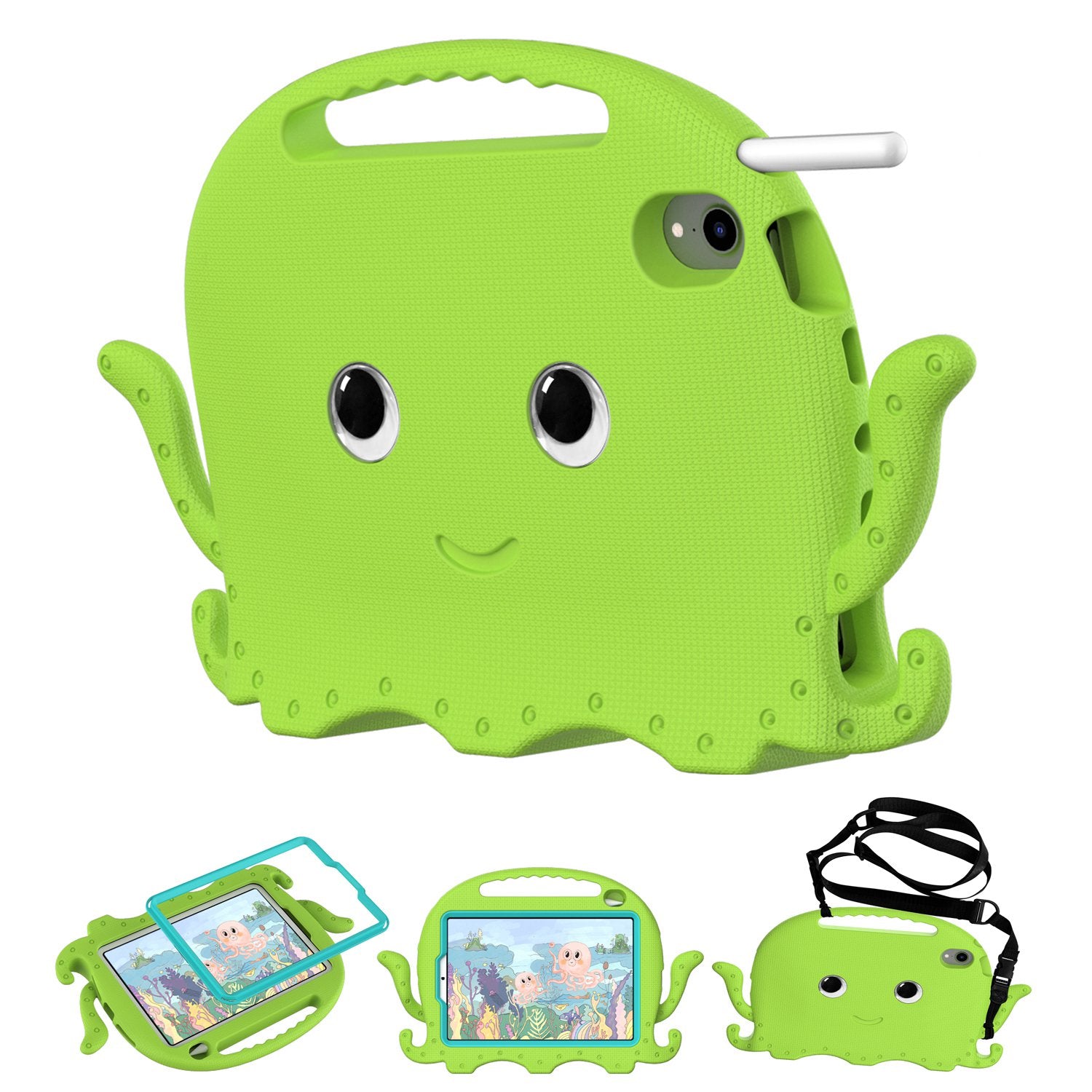 For iPad mini (2021) Cute Octopus Shape EVA Case Pen Slot Design Shockproof Tablet Cover with Handle and Shoulder Strap