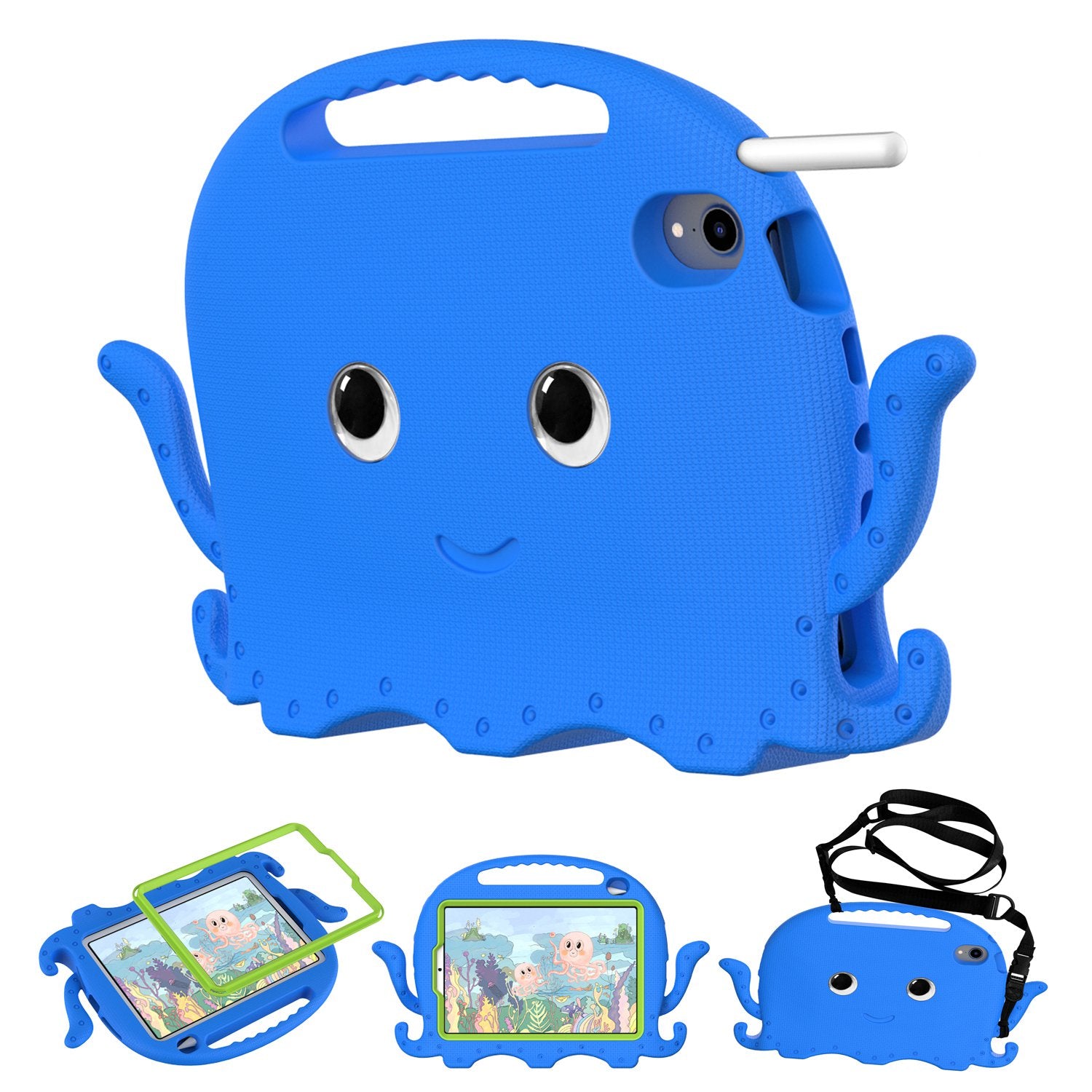 For iPad mini (2021) Cute Octopus Shape EVA Case Pen Slot Design Shockproof Tablet Cover with Handle and Shoulder Strap