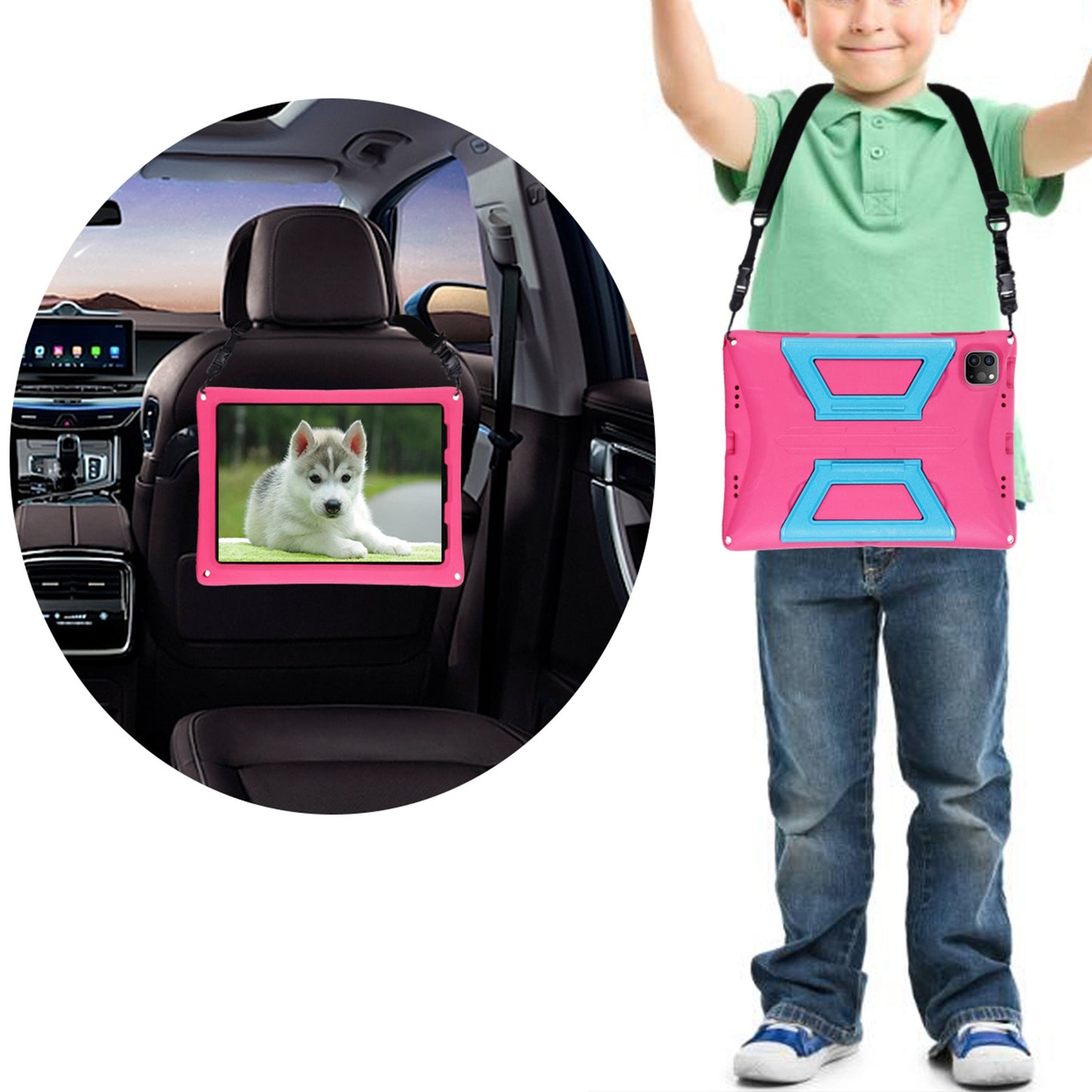 For iPad Air (2022)/(2020)/iPad Pro 11-inch (2018)/(2020)/(2021) Portable Handle Kickstand Tablet Case EVA + PC Cover with Shoulder Strap