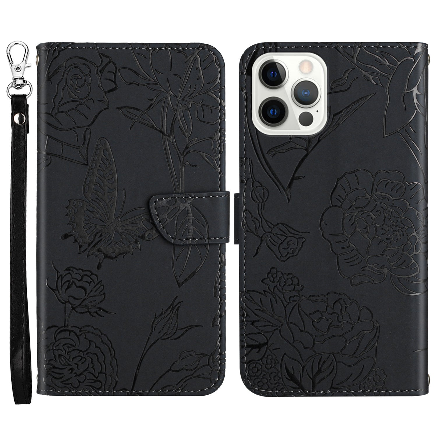 Wallet Stand Shockproof Case for iPhone 13 Pro 6.1 inch Skin-touch PU Leather Folio Flip Cover Stylish Butterflies Imprinted Anti-drop Phone Protector with Strap