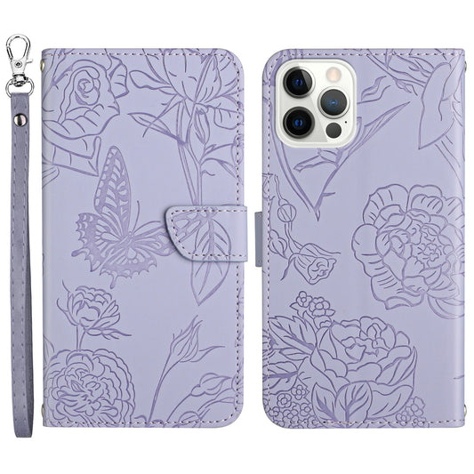 Wallet Stand Shockproof Case for iPhone 13 Pro 6.1 inch Skin-touch PU Leather Folio Flip Cover Stylish Butterflies Imprinted Anti-drop Phone Protector with Strap