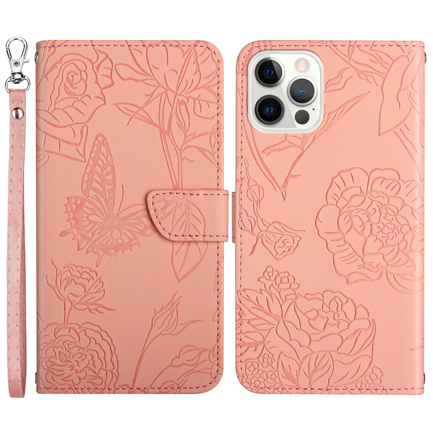 Wallet Stand Shockproof Case for iPhone 13 Pro 6.1 inch Skin-touch PU Leather Folio Flip Cover Stylish Butterflies Imprinted Anti-drop Phone Protector with Strap