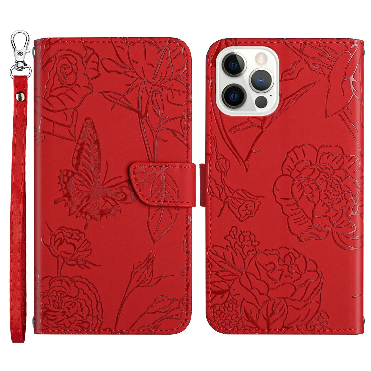 Wallet Stand Shockproof Case for iPhone 13 Pro 6.1 inch Skin-touch PU Leather Folio Flip Cover Stylish Butterflies Imprinted Anti-drop Phone Protector with Strap