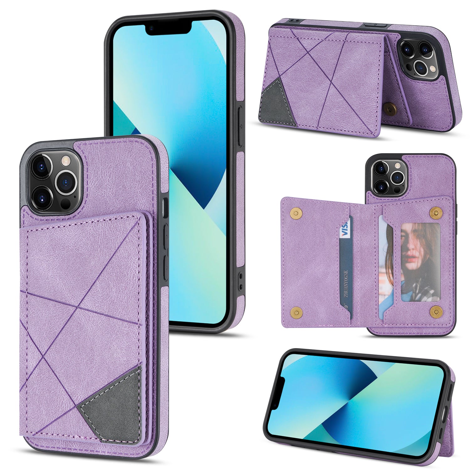 Line Splicing Imprinting PU Leather Phone Back Case for iPhone 13 Pro 6.1 inch, Adjustable Kickstand Design Multiple Card Slot Pocket Phone Case