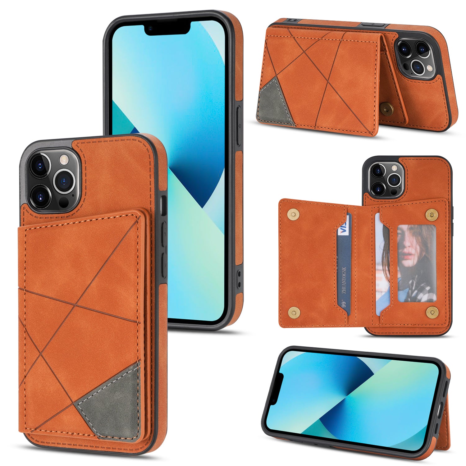 Line Splicing Imprinting PU Leather Phone Back Case for iPhone 13 Pro 6.1 inch, Adjustable Kickstand Design Multiple Card Slot Pocket Phone Case