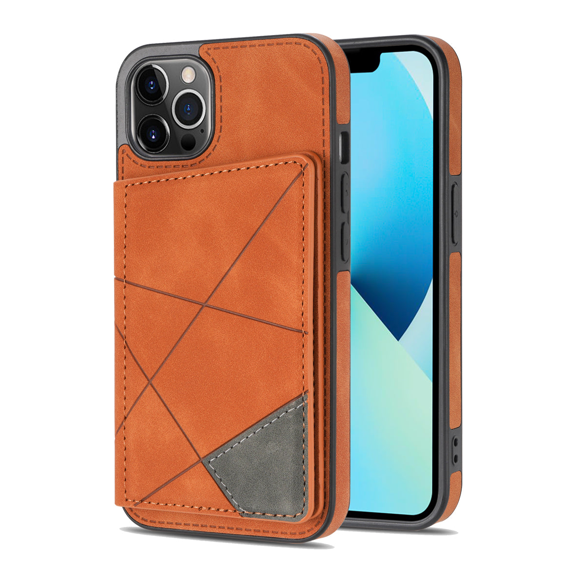 Line Splicing Imprinting PU Leather Phone Back Case for iPhone 13 Pro 6.1 inch, Adjustable Kickstand Design Multiple Card Slot Pocket Phone Case