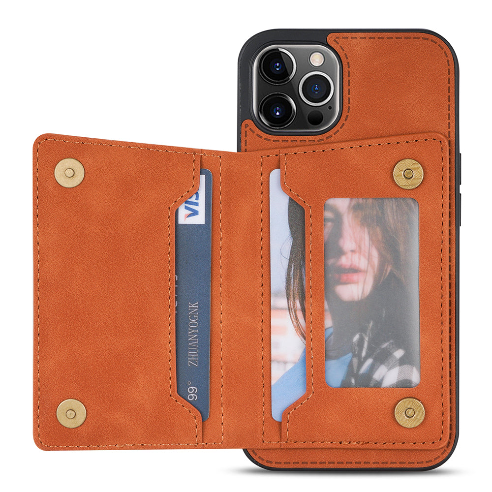 Line Splicing Imprinting PU Leather Phone Back Case for iPhone 13 Pro 6.1 inch, Adjustable Kickstand Design Multiple Card Slot Pocket Phone Case