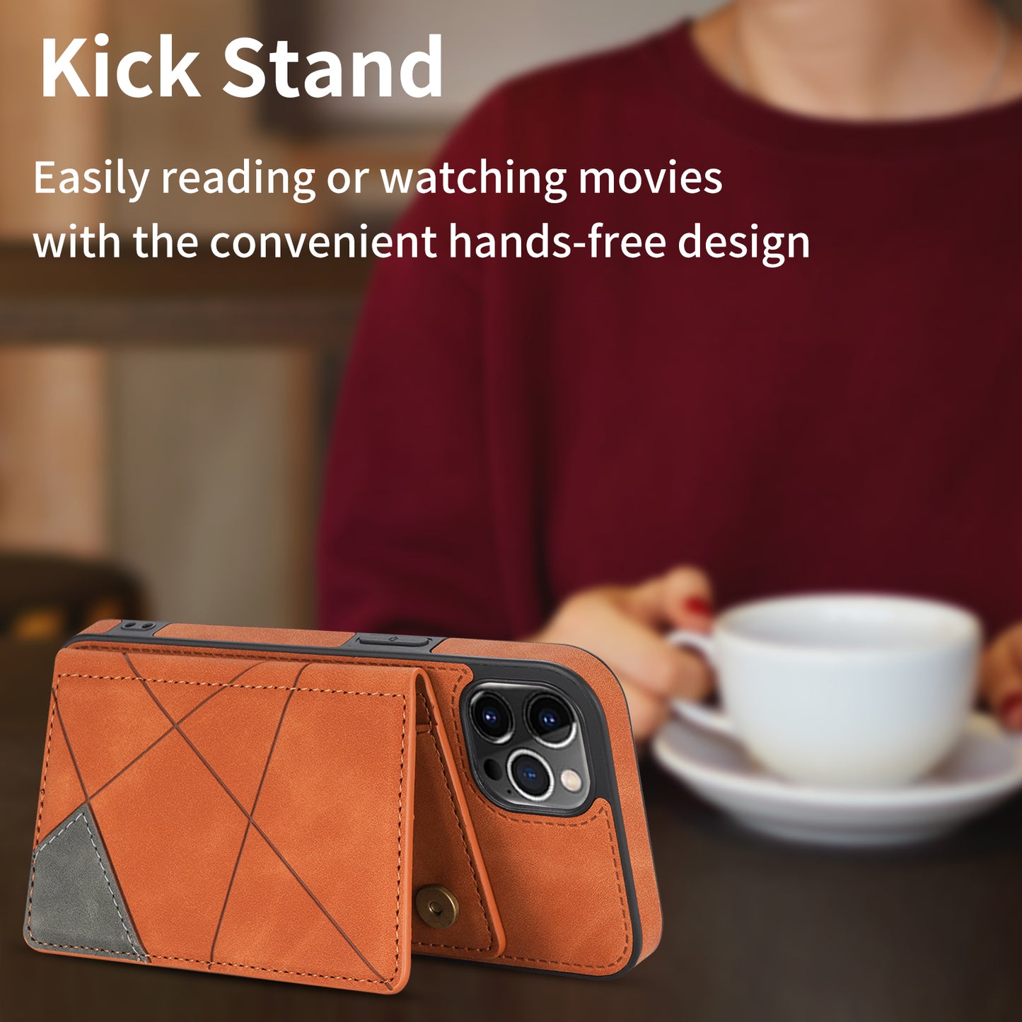 Line Splicing Imprinting PU Leather Phone Back Case for iPhone 13 Pro 6.1 inch, Adjustable Kickstand Design Multiple Card Slot Pocket Phone Case