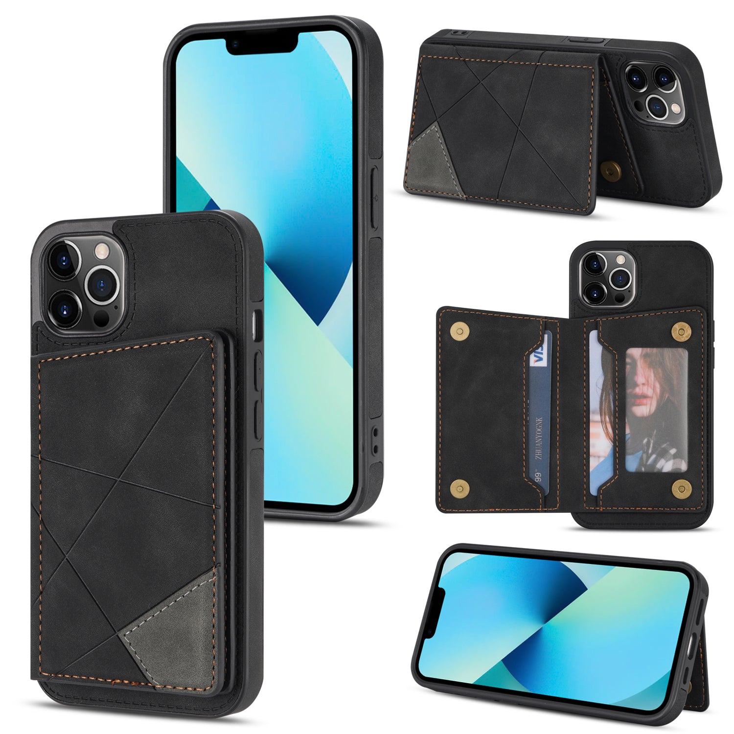 Line Splicing Imprinting PU Leather Phone Back Case for iPhone 13 Pro 6.1 inch, Adjustable Kickstand Design Multiple Card Slot Pocket Phone Case