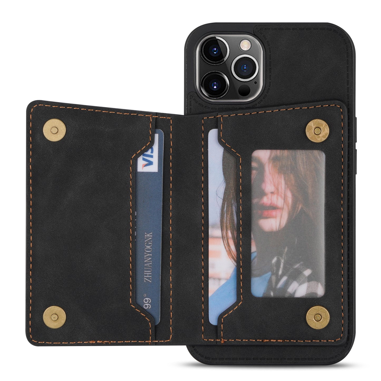 Line Splicing Imprinting PU Leather Phone Back Case for iPhone 13 Pro 6.1 inch, Adjustable Kickstand Design Multiple Card Slot Pocket Phone Case