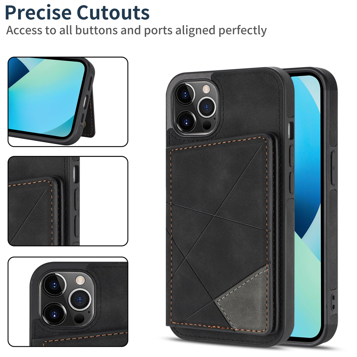 Line Splicing Imprinting PU Leather Phone Back Case for iPhone 13 Pro 6.1 inch, Adjustable Kickstand Design Multiple Card Slot Pocket Phone Case