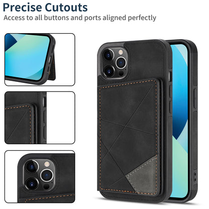 Line Splicing Imprinting PU Leather Phone Back Case for iPhone 13 Pro 6.1 inch, Adjustable Kickstand Design Multiple Card Slot Pocket Phone Case