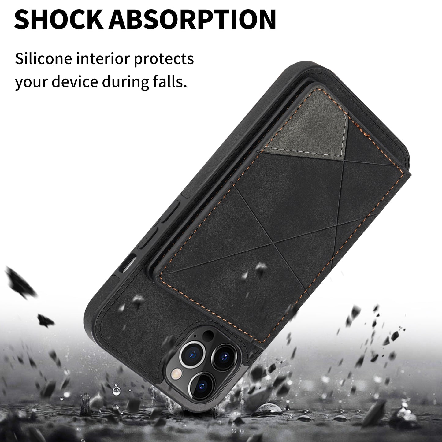 Line Splicing Imprinting PU Leather Phone Back Case for iPhone 13 Pro 6.1 inch, Adjustable Kickstand Design Multiple Card Slot Pocket Phone Case