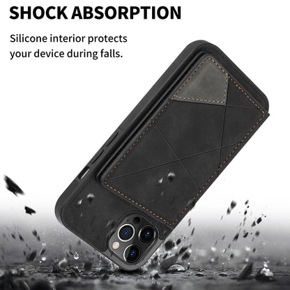 Line Splicing Imprinting PU Leather Phone Back Case for iPhone 13 Pro 6.1 inch, Adjustable Kickstand Design Multiple Card Slot Pocket Phone Case