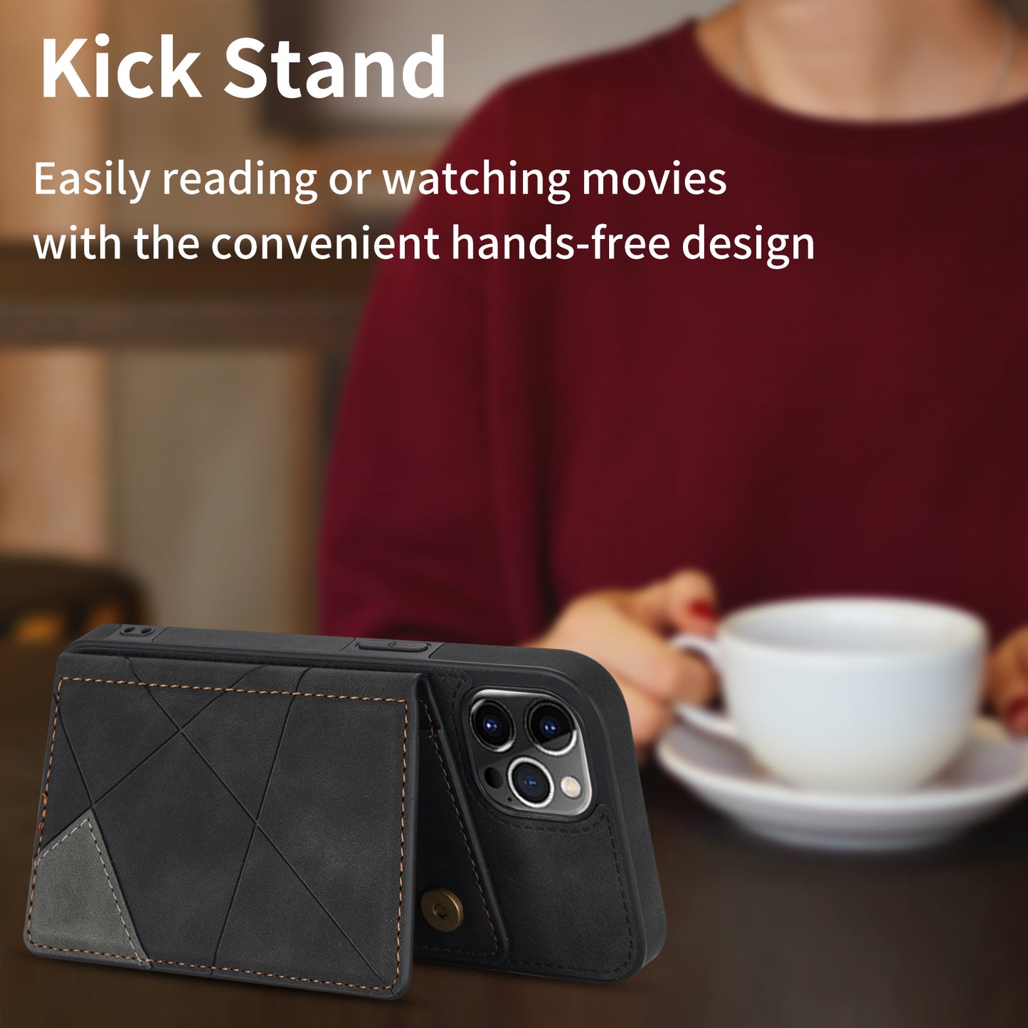 Line Splicing Imprinting PU Leather Phone Back Case for iPhone 13 Pro 6.1 inch, Adjustable Kickstand Design Multiple Card Slot Pocket Phone Case