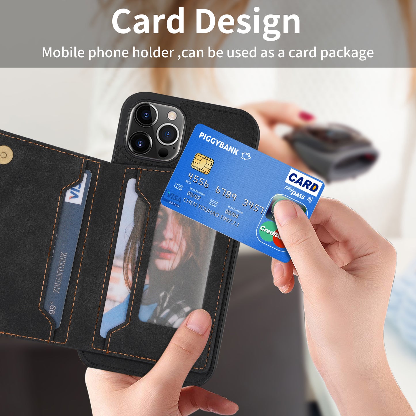 Line Splicing Imprinting PU Leather Phone Back Case for iPhone 13 Pro 6.1 inch, Adjustable Kickstand Design Multiple Card Slot Pocket Phone Case