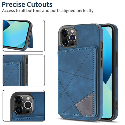 Line Splicing Imprinting PU Leather Phone Back Case for iPhone 13 Pro 6.1 inch, Adjustable Kickstand Design Multiple Card Slot Pocket Phone Case
