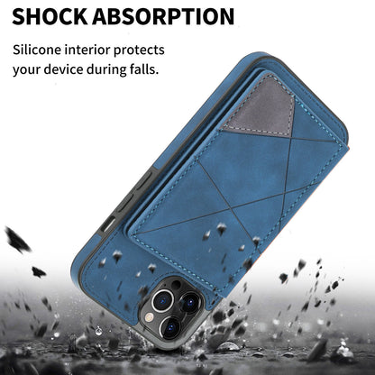 Line Splicing Imprinting PU Leather Phone Back Case for iPhone 13 Pro 6.1 inch, Adjustable Kickstand Design Multiple Card Slot Pocket Phone Case