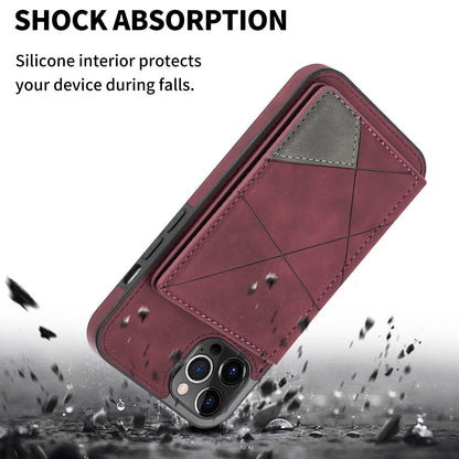 Line Splicing Imprinting PU Leather Phone Back Case for iPhone 13 Pro 6.1 inch, Adjustable Kickstand Design Multiple Card Slot Pocket Phone Case