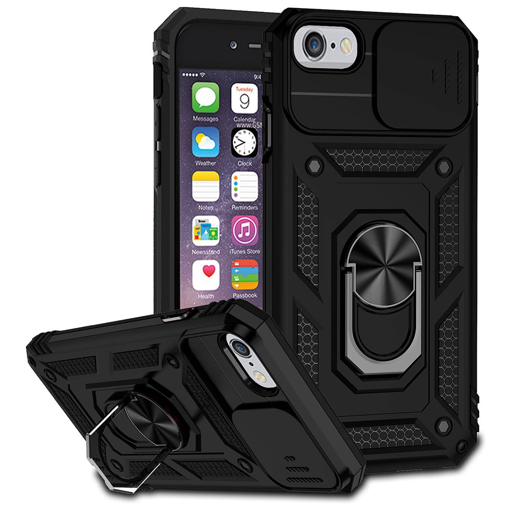 For iPhone SE (2022)/SE (2020)/8/7 4.7 inch Dustproof Phone Case Ring Kickstand Hybrid PC TPU Phone Shell with Slide Camera Protection Cover