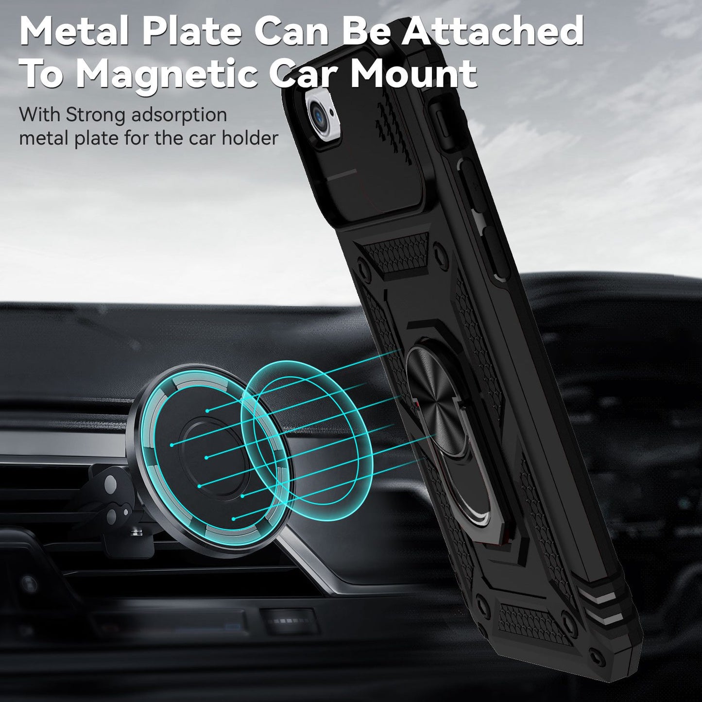 For iPhone SE (2022)/SE (2020)/8/7 4.7 inch Dustproof Phone Case Ring Kickstand Hybrid PC TPU Phone Shell with Slide Camera Protection Cover