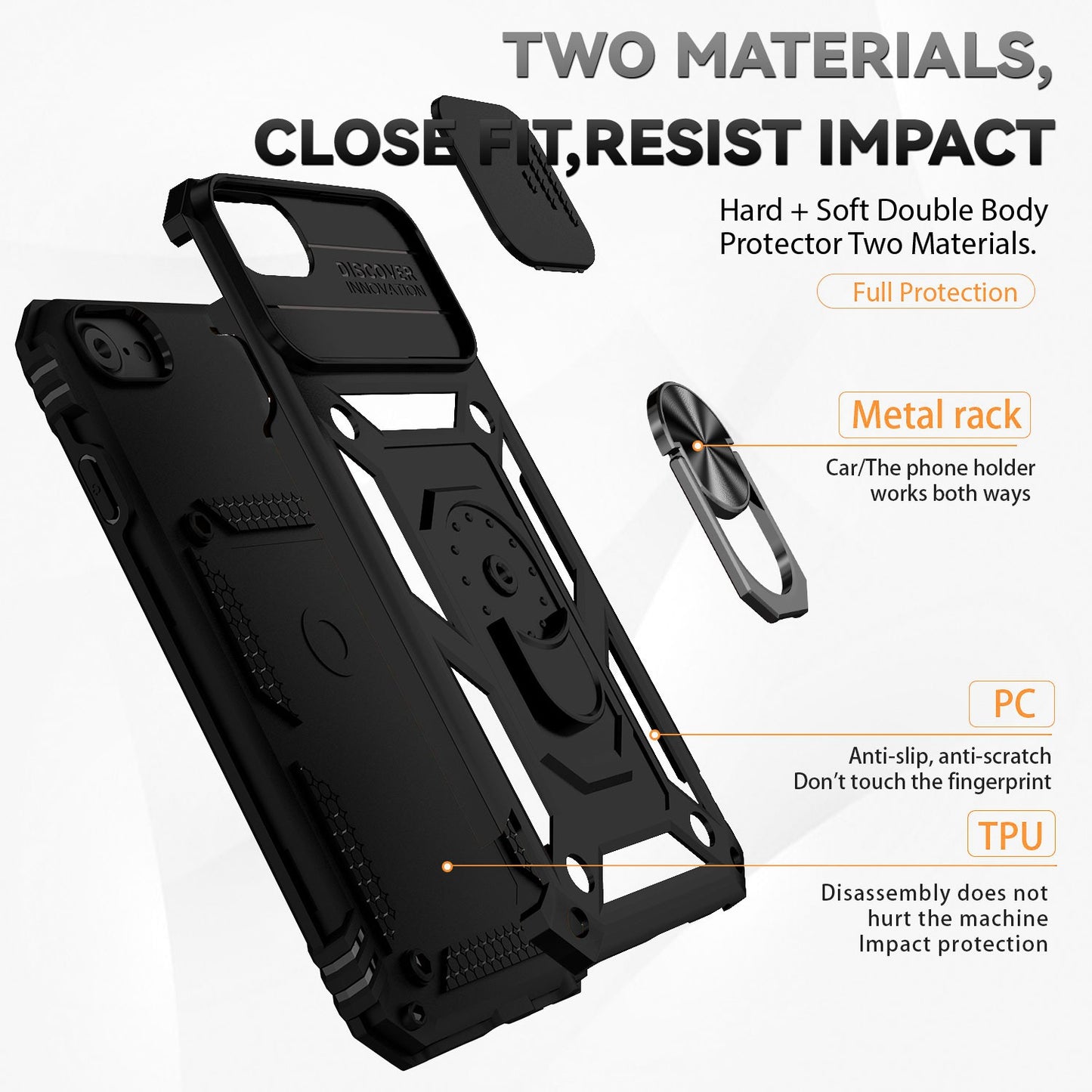 For iPhone SE (2022)/SE (2020)/8/7 4.7 inch Dustproof Phone Case Ring Kickstand Hybrid PC TPU Phone Shell with Slide Camera Protection Cover