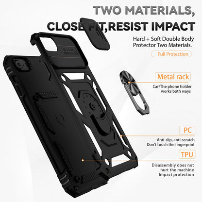 For iPhone SE (2022)/SE (2020)/8/7 4.7 inch Dustproof Phone Case Ring Kickstand Hybrid PC TPU Phone Shell with Slide Camera Protection Cover