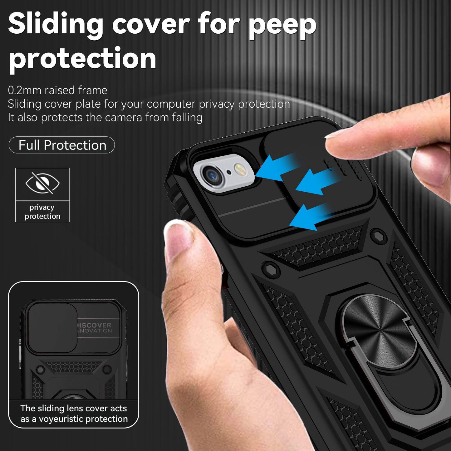 For iPhone SE (2022)/SE (2020)/8/7 4.7 inch Dustproof Phone Case Ring Kickstand Hybrid PC TPU Phone Shell with Slide Camera Protection Cover