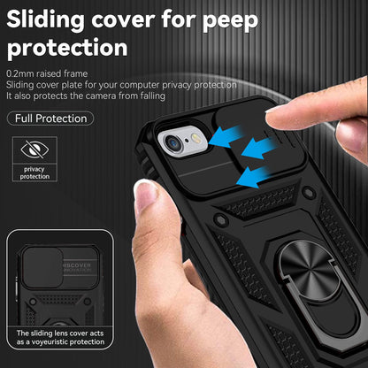 For iPhone SE (2022)/SE (2020)/8/7 4.7 inch Dustproof Phone Case Ring Kickstand Hybrid PC TPU Phone Shell with Slide Camera Protection Cover