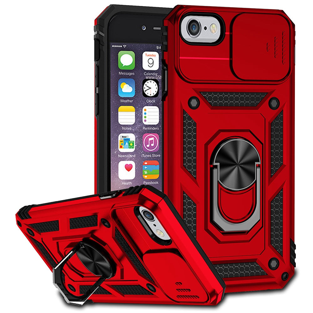 For iPhone SE (2022)/SE (2020)/8/7 4.7 inch Dustproof Phone Case Ring Kickstand Hybrid PC TPU Phone Shell with Slide Camera Protection Cover