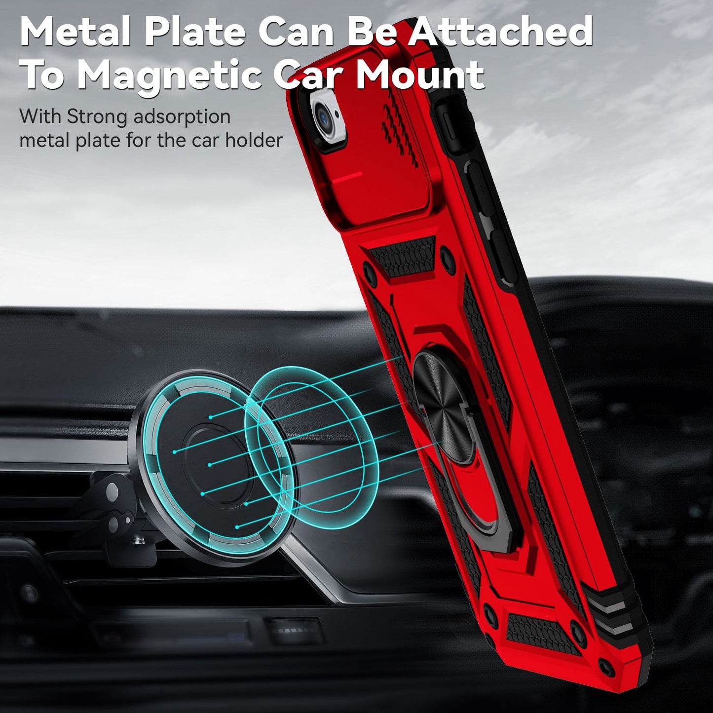 For iPhone SE (2022)/SE (2020)/8/7 4.7 inch Dustproof Phone Case Ring Kickstand Hybrid PC TPU Phone Shell with Slide Camera Protection Cover