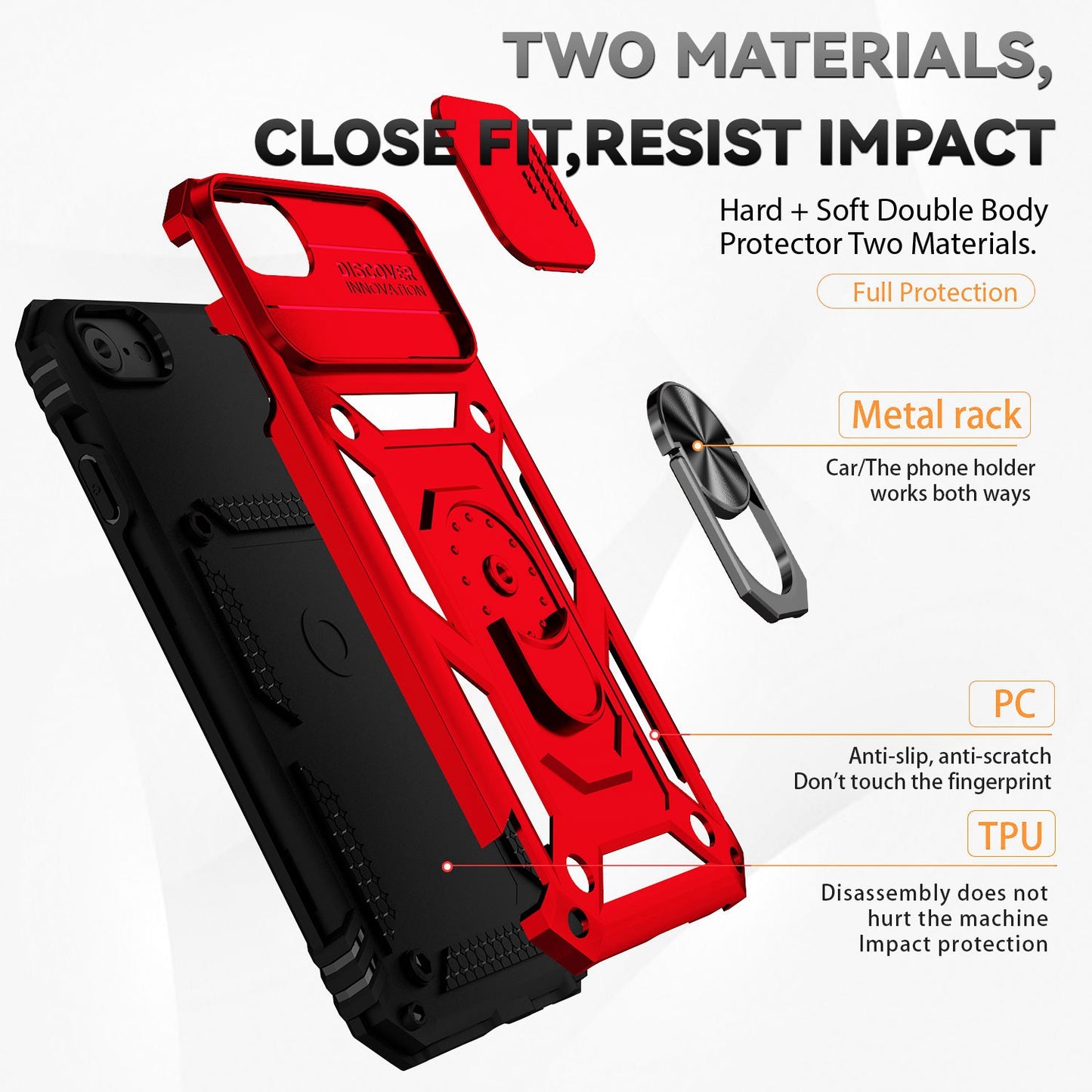 For iPhone SE (2022)/SE (2020)/8/7 4.7 inch Dustproof Phone Case Ring Kickstand Hybrid PC TPU Phone Shell with Slide Camera Protection Cover