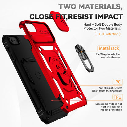 For iPhone SE (2022)/SE (2020)/8/7 4.7 inch Dustproof Phone Case Ring Kickstand Hybrid PC TPU Phone Shell with Slide Camera Protection Cover
