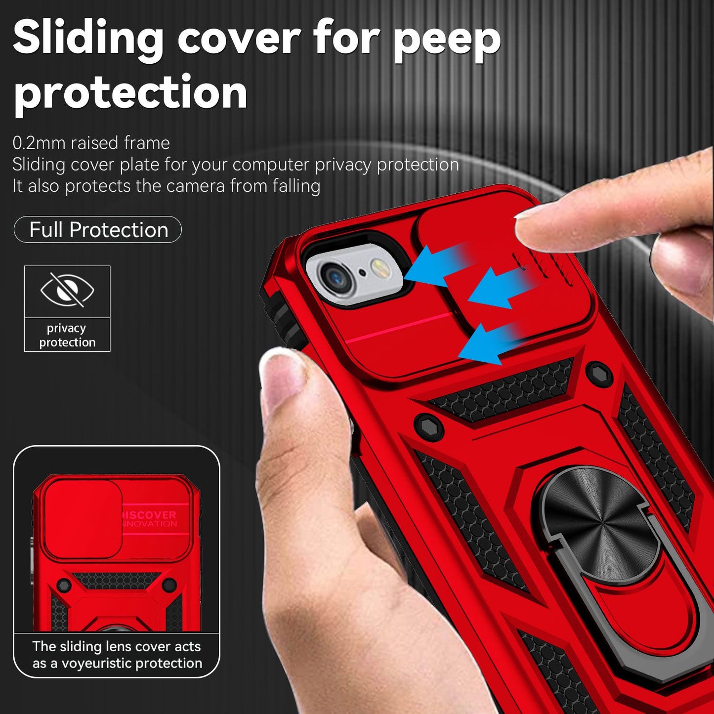 For iPhone SE (2022)/SE (2020)/8/7 4.7 inch Dustproof Phone Case Ring Kickstand Hybrid PC TPU Phone Shell with Slide Camera Protection Cover