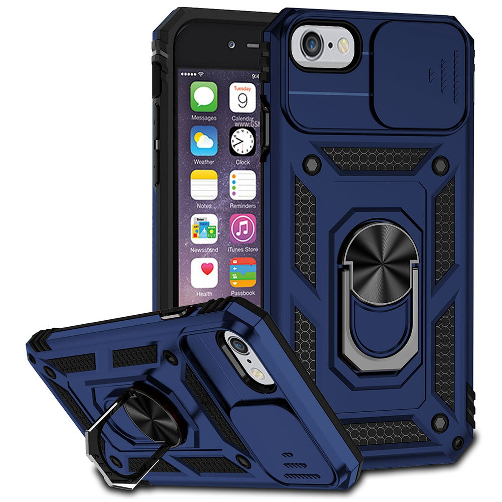For iPhone SE (2022)/SE (2020)/8/7 4.7 inch Dustproof Phone Case Ring Kickstand Hybrid PC TPU Phone Shell with Slide Camera Protection Cover
